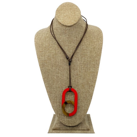 HERMES RED / BUFFALO HORN LARGE MEYANCE PENDANT NECKLACE ON ADJUSTABLE BROWN COR - Picture 1 of 6
